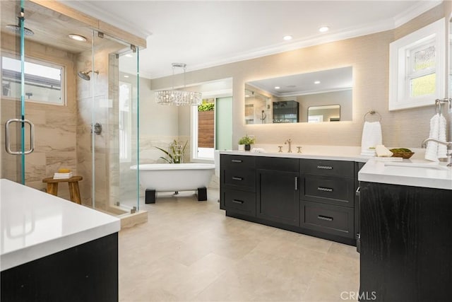 32491 Seven Seas Dr, Dana Point, CA 92629 - full bath with a stall shower, crown molding, a freestanding tub, and vanity