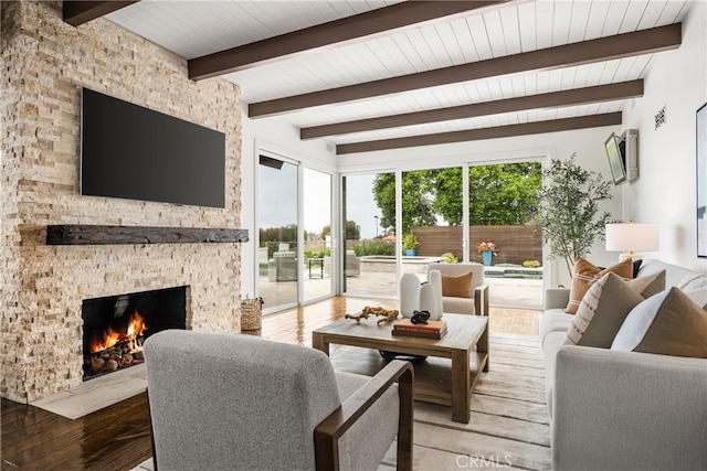 32491 Seven Seas Dr, Dana Point, CA 92629 - living area featuring wood finished floors, a fireplace, and beamed ceiling
