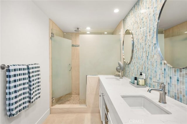 32491 Seven Seas Dr, Dana Point, CA 92629 - full bath with a sink, backsplash, a shower stall, and recessed lighting