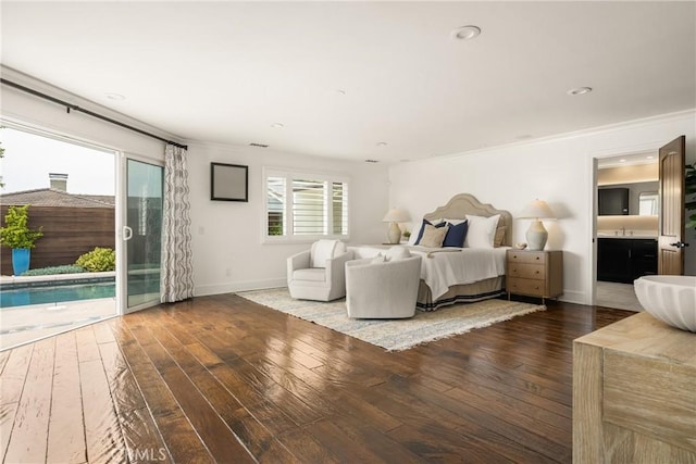 32491 Seven Seas Dr, Dana Point, CA 92629 - bedroom featuring crown molding, baseboards, access to exterior, and wood-type flooring