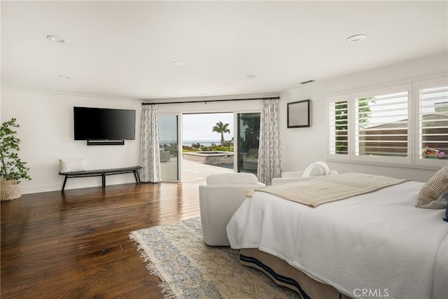 32491 Seven Seas Dr, Dana Point, CA 92629 - bedroom featuring recessed lighting, baseboards, ornamental molding, wood-type flooring, and access to exterior