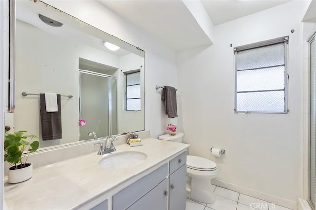 23026 Nadine Cir Unit B, Torrance, CA 90505 - bathroom with toilet, a stall shower, baseboards, tile patterned flooring, and vanity