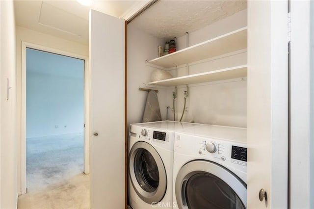 23026 Nadine Cir Unit B, Torrance, CA 90505 - laundry room featuring washing machine and dryer, laundry area, and light colored carpet
