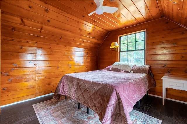 356 Wylerhorn Dr, Crestline, CA 92325 - bedroom with hardwood / wood-style flooring, wooden walls, wood ceiling, and vaulted ceiling