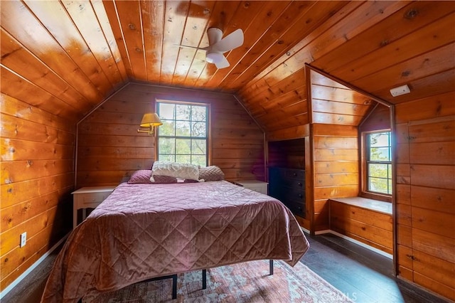 356 Wylerhorn Dr, Crestline, CA 92325 - bedroom with wooden ceiling, lofted ceiling, hardwood / wood-style floors, and wood walls