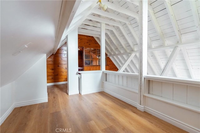 356 Wylerhorn Dr, Crestline, CA 92325 - additional living space with baseboards, wooden ceiling, vaulted ceiling with beams, and wood finished floors