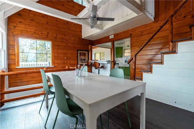 356 Wylerhorn Dr, Crestline, CA 92325 - dining room with ceiling fan, wood walls, hardwood / wood-style floors, and stairs
