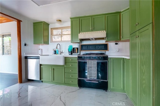 356 Wylerhorn Dr, Crestline, CA 92325 - kitchen featuring under cabinet range hood, black range with gas cooktop, green cabinetry, and dishwasher