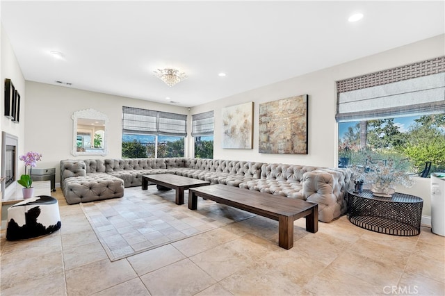 9420 Oak Leaf Dr, Chatsworth, CA 91311 - living area with plenty of natural light, visible vents, light tile patterned floors, and recessed lighting