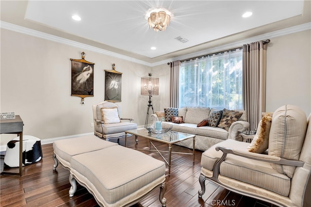 9420 Oak Leaf Dr, Chatsworth, CA 91311 - living area featuring ornamental molding, baseboards, visible vents, and dark wood finished floors