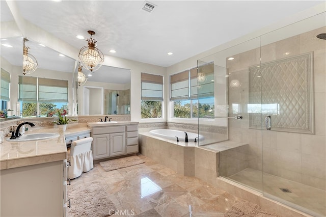 9420 Oak Leaf Dr, Chatsworth, CA 91311 - full bath featuring a garden tub, an inviting chandelier, visible vents, a shower stall, and vanity