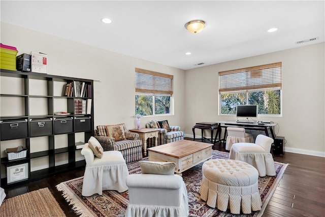 9420 Oak Leaf Dr, Chatsworth, CA 91311 - living area featuring visible vents, baseboards, plenty of natural light, and dark wood finished floors