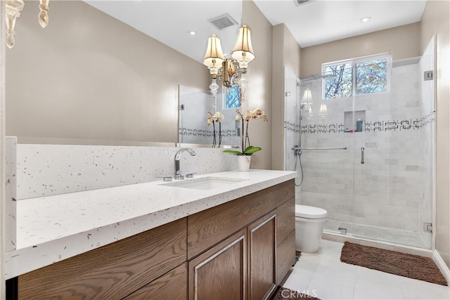 9420 Oak Leaf Dr, Chatsworth, CA 91311 - bathroom featuring toilet, vanity, visible vents, recessed lighting, and a stall shower