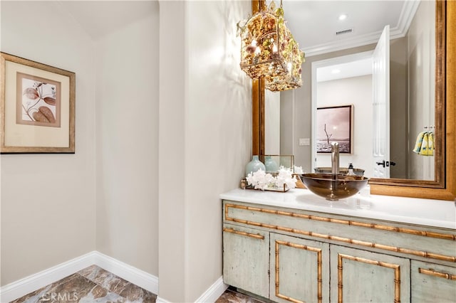 9420 Oak Leaf Dr, Chatsworth, CA 91311 - bathroom featuring visible vents, baseboards, marble finish floor, vanity, and ornamental molding