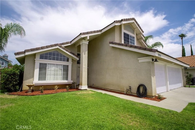 7215 Goldboro Ln, Riverside, CA 92506 - view of front of home with a tiled roof, a front yard, stucco siding, concrete driveway, and an attached garage