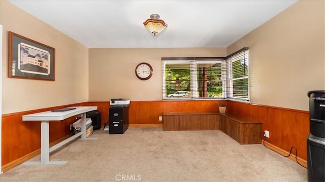 unfurnished office featuring a wainscoted wall, wood walls, and carpet