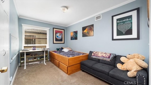 bedroom with ornamental molding, visible vents, and carpet