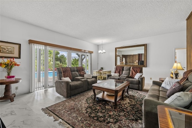 10661 Baton Rouge Ave, Porter Ranch, CA 91326 - living room featuring an inviting chandelier, a textured ceiling, and marble finish floor