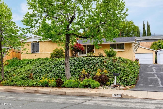 view of front of property featuring driveway, stucco siding, and fence