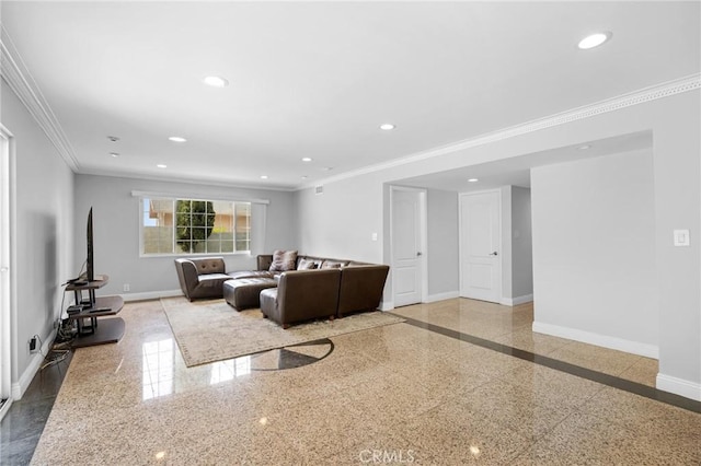 7980 Hollywood Way, Sun Valley, CA 91352 - living area with granite finish floor, baseboards, ornamental molding, and recessed lighting