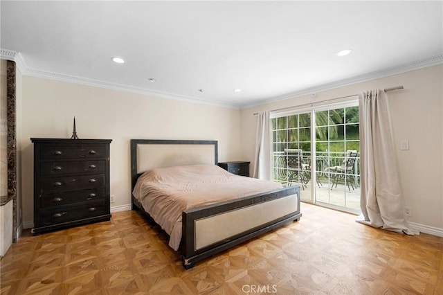 7980 Hollywood Way, Sun Valley, CA 91352 - bedroom with crown molding, baseboards, access to exterior, and recessed lighting