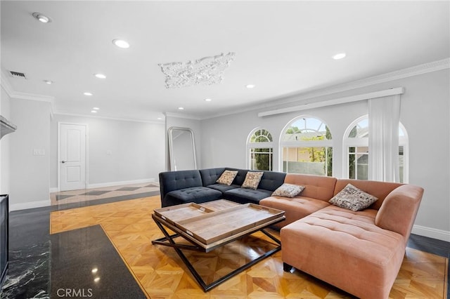 7980 Hollywood Way, Sun Valley, CA 91352 - living area featuring baseboards, recessed lighting, crown molding, and visible vents