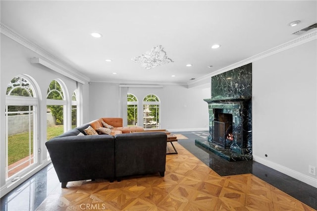 7980 Hollywood Way, Sun Valley, CA 91352 - living area featuring a fireplace, crown molding, visible vents, and recessed lighting