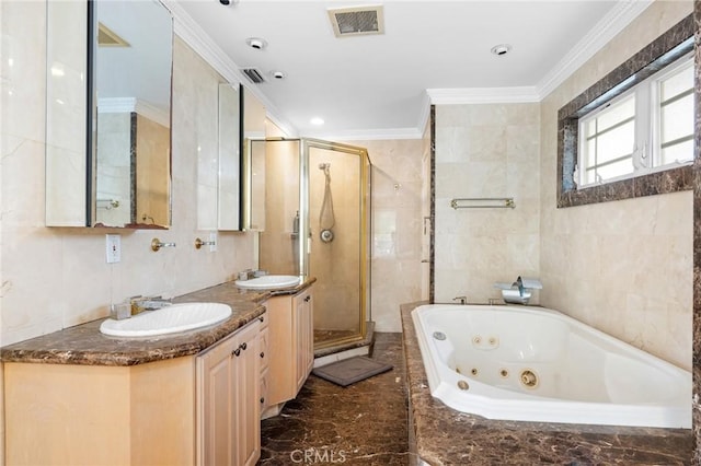 7980 Hollywood Way, Sun Valley, CA 91352 - full bathroom featuring a sink, ornamental molding, a jetted tub, and a stall shower
