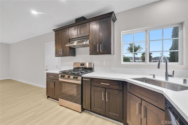 kitchen featuring appliances with stainless steel finishes, under cabinet range hood, a sink, light wood finished floors, and dark brown cabinets