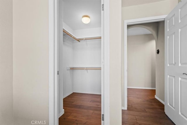 walk in closet with arched walkways and hardwood / wood-style flooring