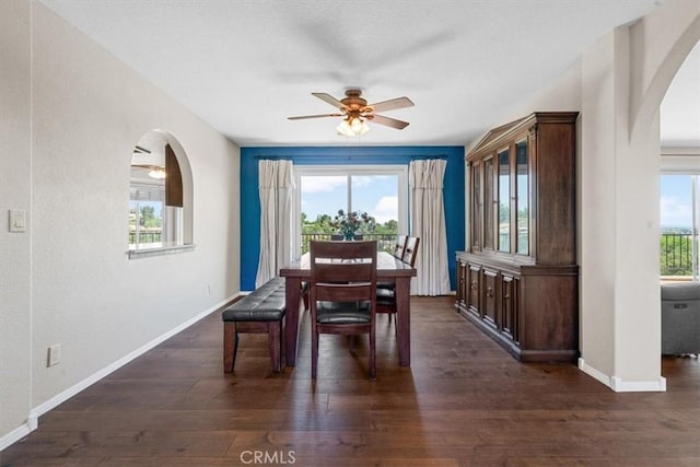 2322 Almond Springs Dr, Paso Robles, CA 93446 - dining area featuring arched walkways, a ceiling fan, plenty of natural light, and dark wood finished floors
