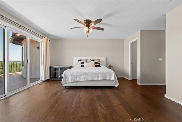 bedroom with access to outside, hardwood / wood-style floors, baseboards, and a ceiling fan