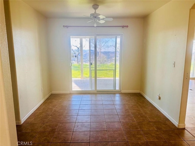unfurnished dining area featuring a ceiling fan and baseboards