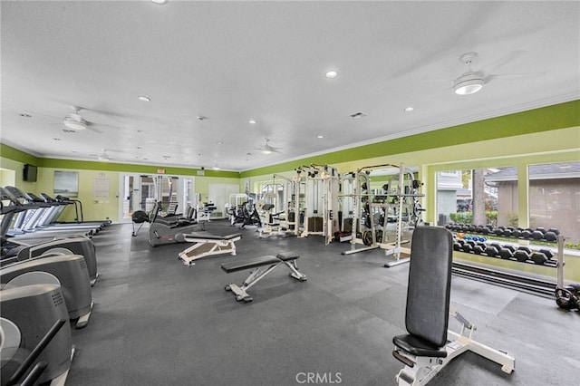 23412 Pacific Park Dr Unit 40H, Aliso Viejo, CA 92656 - gym featuring a ceiling fan, ornamental molding, and recessed lighting