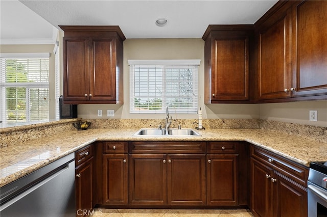 23412 Pacific Park Dr Unit 40H, Aliso Viejo, CA 92656 - kitchen featuring a sink, dishwasher, crown molding, light stone countertops, and recessed lighting