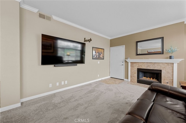 23412 Pacific Park Dr Unit 40H, Aliso Viejo, CA 92656 - living room with crown molding, carpet flooring, baseboards, and a premium fireplace