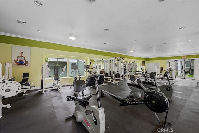 23412 Pacific Park Dr Unit 40H, Aliso Viejo, CA 92656 - exercise room with plenty of natural light, ornamental molding, ceiling fan, and baseboards