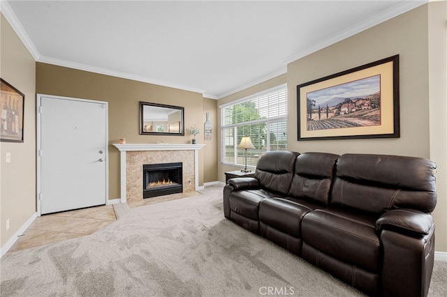 23412 Pacific Park Dr Unit 40H, Aliso Viejo, CA 92656 - living room featuring ornamental molding, carpet, baseboards, and a tile fireplace