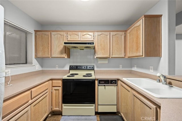 321 N Orange Unit 104, Monterey Park, CA 91755 - kitchen featuring light brown cabinetry, under cabinet range hood, electric range oven, a sink, and light countertops