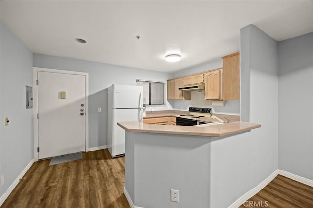321 N Orange Unit 104, Monterey Park, CA 91755 - kitchen featuring freestanding refrigerator, light countertops, dark wood-style floors, electric range oven, and light brown cabinets
