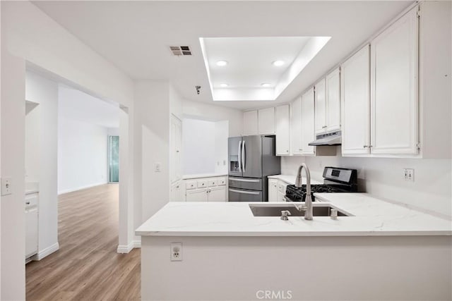 kitchen with light wood-style flooring, under cabinet range hood, visible vents, a peninsula, and appliances with stainless steel finishes