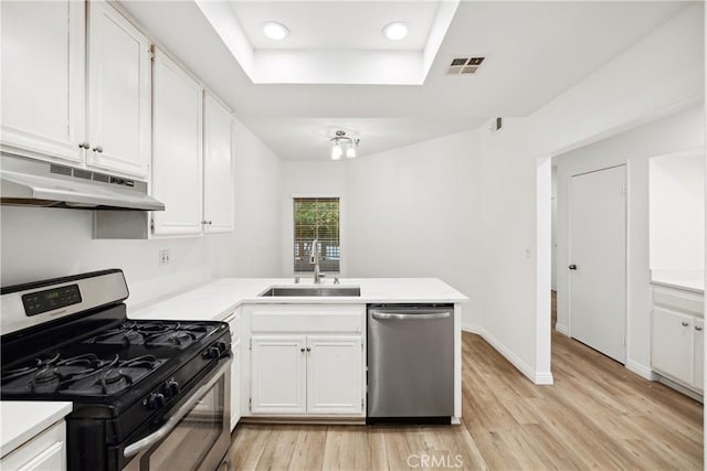 1450 Brett Pl Unit 205, San Pedro, CA 90732 - kitchen with appliances with stainless steel finishes, under cabinet range hood, a sink, a peninsula, and light countertops