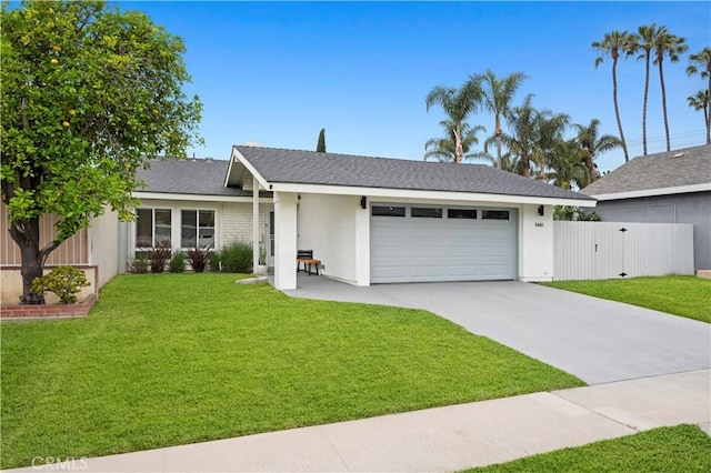 ranch-style house with an attached garage, concrete driveway, roof with shingles, a gate, and stucco siding
