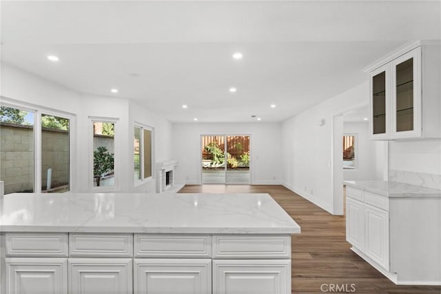 16 Encina, Irvine, CA 92620 - kitchen with light stone counters, white cabinets, recessed lighting, and wood finished floors
