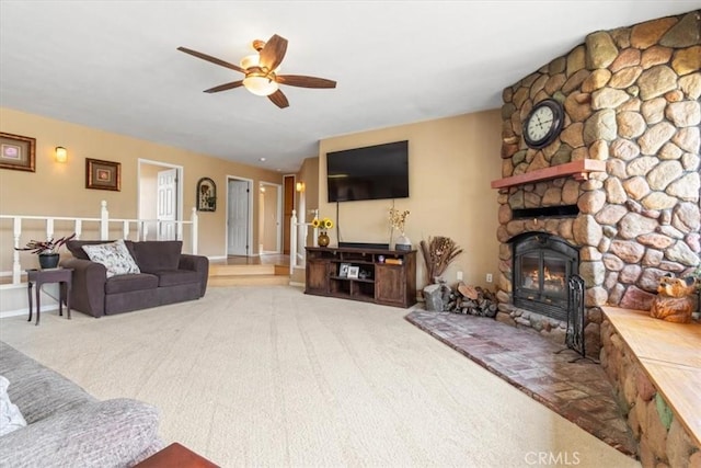 770 Roads End, Lebec, CA 93243 - carpeted living room featuring a ceiling fan and a stone fireplace