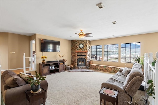 770 Roads End, Lebec, CA 93243 - living area with a ceiling fan, a fireplace, and carpet floors