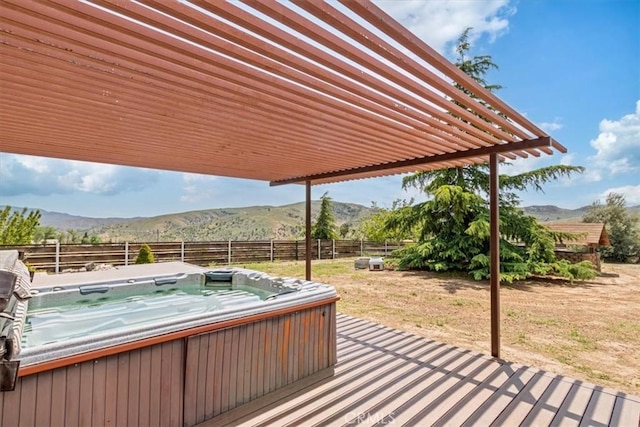 770 Roads End, Lebec, CA 93243 - wooden deck featuring a hot tub, a fenced backyard, and a mountain view