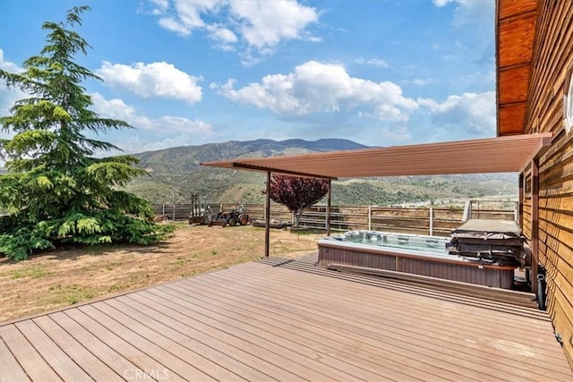 770 Roads End, Lebec, CA 93243 - wooden deck with a mountain view, a hot tub, and a fenced backyard