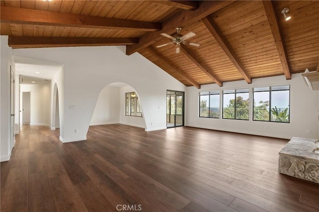 2918 Los Campos Dr, Fallbrook, CA 92028 - unfurnished living room with wooden ceiling, ceiling fan, dark wood finished floors, beamed ceiling, and baseboards