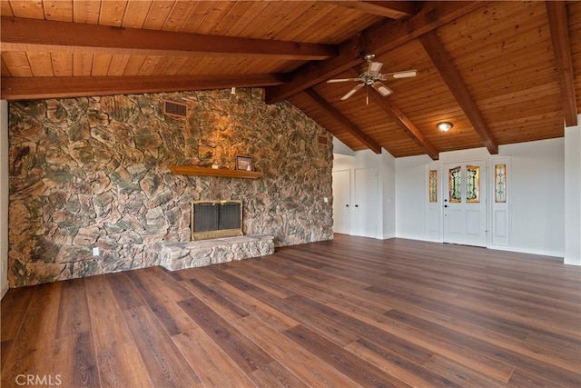 2918 Los Campos Dr, Fallbrook, CA 92028 - unfurnished living room with wood finished floors, a fireplace, ceiling fan, wooden ceiling, and baseboards